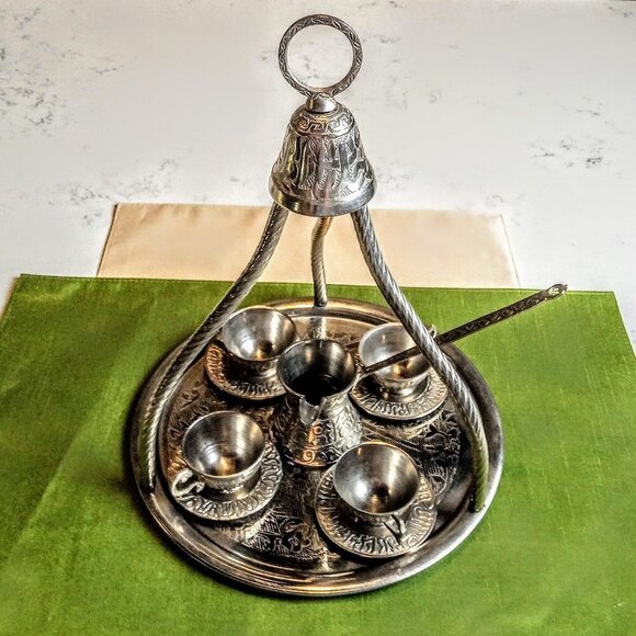 Decorative Silver Turkish Coffee Set with Tray